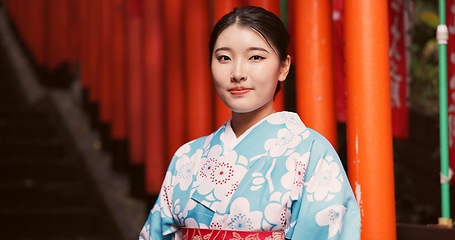 Image showing Woman, Japanese and portrait in traditional kimono at culture temple for Tokyo, worship or spiritual. Female person, face and shinto building for heritage history dress for peace, buddhism or local