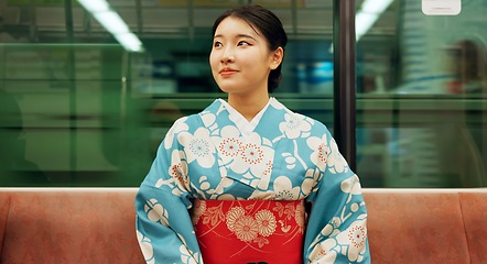 Image showing Thinking, Japanese woman and ideas with decision, travel and opportunity with planning, wonder and calm. Person, outdoor and girl with joy, relaxing and choice with peace, commute and thoughts