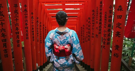 Image showing Woman, Japanese and temple or back for traditional culture for respect Tokyo travel, spirituality or history. Female person, kimono and walking staircase at shinto building, worship peace or explore