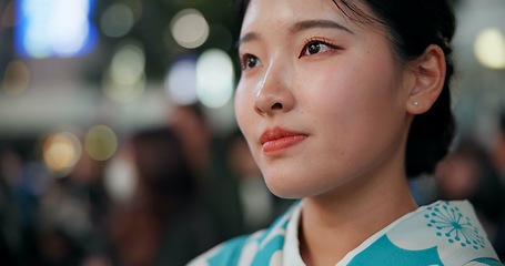 Image showing Thinking, Japanese woman and ideas with decision, choice and opportunity with planning, wonder and travel. Person, outdoor and girl in the streets, relax and clam with peace, commute and thoughts