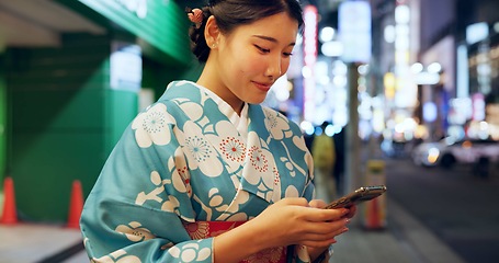 Image showing Road, Japanese woman and smartphone with typing, contact or digital app with traditional clothes. Person, outdoor or girl with a cellphone, mobile user or smile with network, chatting or social media