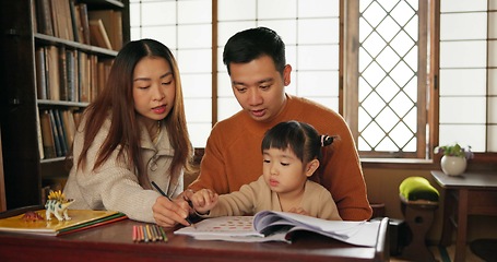 Image showing Mother, father and child teaching drawing at table in Japanese home for school, development or creative. Parents, daughter kid and pencil book project in Tokyo for study or education, art or bonding