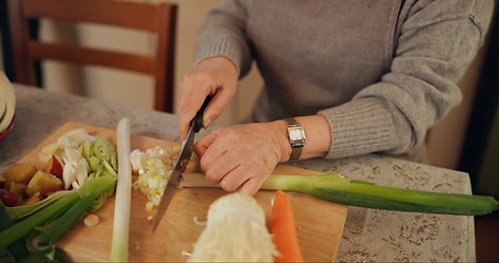 Image showing Cooking, vegetables and closeup of woman in kitchen cutting ingredients for meal, dinner or lunch. Food, diet and zoom of female person preparing organic supper for nutrition with produce at home.