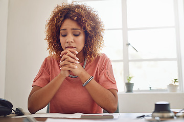 Image showing Office, woman or worker praying, faith or hope for career, job or work opportunity in workplace for God. Trust, worship or employee with admin stress, worry or anxiety for religion, help or support