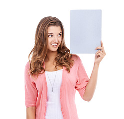 Image showing Woman, blank board and smile for mockup space in studio, paper and bulletin for announcement. Happy female person, poster and placard for promotion and advertisement, news and white background