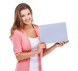 Image showing Woman, blank poster and portrait by mockup space in studio, paper and bulletin for announcement. Happy female person, board and placard for promotion and advertisement, news and white background
