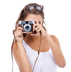 Image showing Woman, photographer and retro camera in studio for creative media, content creation and paparazzi magazine on white background. Journalist, photography and lens for art production, blog or photoshoot