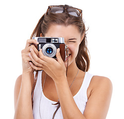 Image showing Photography, woman and retro camera in studio for art production, content creation or paparazzi magazine on white background. Journalist, photographer and photoshoot for creative media, blog or hobby