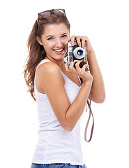 Image showing Photographer, woman or portrait with retro camera in studio for photoshoot, content creation and production on white background. Happy journalist, photography or creative media for paparazzi magazine