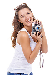 Image showing Photography woman or smile with retro camera in studio for photoshoot, content creation or media on white background. Portrait, excited journalist or photographer for paparazzi magazine, blog and art