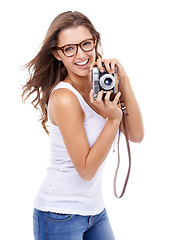 Image showing Photography, portrait or happy woman with retro camera in studio for media production, content creation or art blog on white background. Journalist, photographer and photoshoot for paparazzi magazine