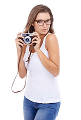 Image showing Photographer, portrait or woman with retro camera in studio for multimedia production, photoshoot and art blog on white background. Journalist, photography and content creation for paparazzi magazine
