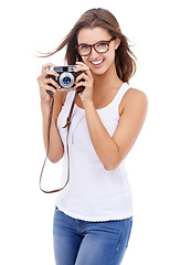 Image showing Photographer, portrait or happy woman with retro camera for photoshoot, art blog or creative production in studio on white background. Journalist, photography or content creator of paparazzi magazine