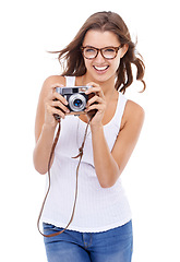 Image showing Photographer, happy woman or retro camera in studio for creative photoshoot, art blog or media production on white background. Excited journalist, photography or content creator of paparazzi magazine