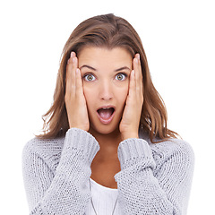 Image showing Woman, shock and omg in studio portrait, gossip and information on drama by white background. Female person, surprise and wtf for announcement and secret, promotion and sale or discount and deal
