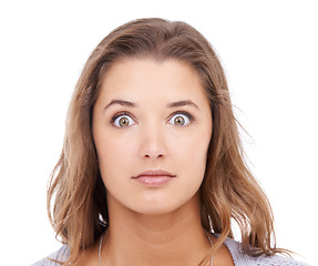 Image showing Wow, surprise and portrait of woman in studio with shocking news, gossip or secret on white background. Eyes, face and female model with alarm, emoji or mind blown by unexpected drama, info or story