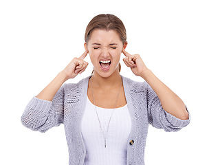 Image showing Fingers in ears, stress and screaming woman in studio for noise, volume or sensitive on white background. Anxiety, fear and female model with panic attack, gesture or frustrated by tinnitus disaster