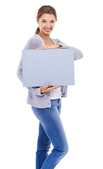 Image showing Poster, mockup and portrait of woman with board, broadcast space or advertising promotion in studio on white background. Happy model, presentation and sign for feedback, offer or information about us