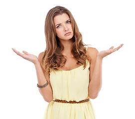 Image showing Im not sure, do you know. Portrait of woman, confused with hands out and questions isolated on white background. Why, doubt and gen z girl with problem, frustrated gesture and in studio.