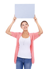 Image showing Woman, blank poster and smile for mockup space in studio, paper and bulletin for announcement. Happy female person, board and placard for promotion and advertisement, news and white background