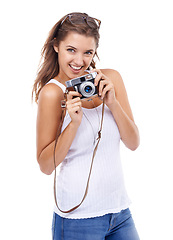 Image showing Photography, happy woman and portrait with retro camera in studio for photoshoot, content creation or paparazzi magazine on white background. Journalist, photographer and lens for artistic production