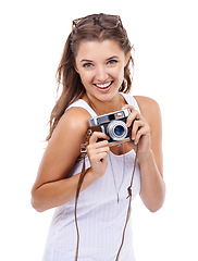 Image showing Happy woman, photographer and portrait with retro camera for creative media, content creation and paparazzi magazine in studio on white background. Journalist, photography and lens for art production