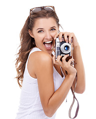 Image showing Photographer, excited woman or portrait with retro camera in studio for photoshoot, content creation or paparazzi magazine on white background Happy journalist, photography or creative art production