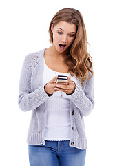 Image showing Wow, surprise and woman with phone in studio for social media, notification or hacker alert on white background. Smartphone, omg and female model with app for unexpected text, message or fake news