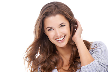 Image showing Hair, portrait and happy woman in studio for beauty, treatment or shampoo results on white background. Haircare, smile and female model with conditioner, shine or texture, growth and satisfaction