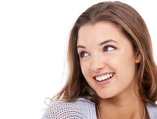 Image showing Thinking, ideas and woman with smile, questions and model isolated on a white studio background. Person, mockup space and girl with wonder, decision and excited with solution, choice or joy with why