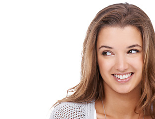 Image showing Woman, thinking and natural beauty with hair, cosmetics and dermatology with keratin treatment on white background. Skincare, shine and inspiration with hairstyle, mockup space and happy in studio