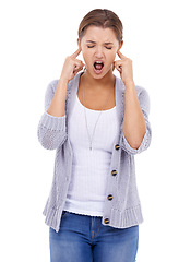 Image showing stress, noise or woman screaming with fingers in ears in studio for volume, sensitive or stop on white background. Anxiety, fear or lady model with panic gesture, sound or frustrated by tinnitus