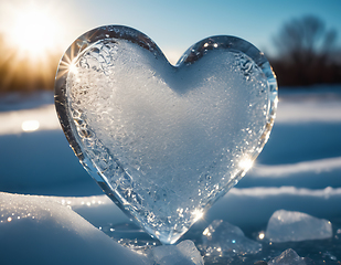 Image showing Piece of ice in the shape of a heart illuminated by rays of sunl