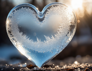 Image showing Beautiful ice heart covered with frost and illuminated by sunlig