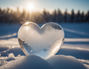 Image showing Beautiful ice heart covered with frost and illuminated by sunlig