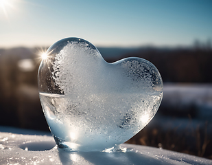 Image showing Beautiful ice heart covered with frost in the snow melting in th