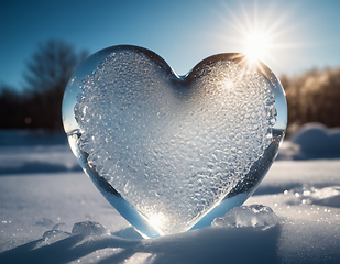 Image showing Beautiful ice heart covered with frost in the snow melting in th