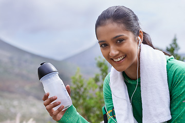 Image showing Outdoor, exercise and portrait of woman with water in bottle for health, wellness and benefits. Hiking, fitness or person with drink in container for nutrition, thirst and relax in nature or park