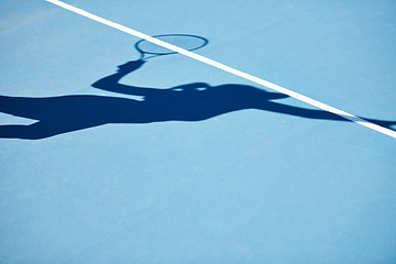 Image showing Shadow, tennis and player on outdoor blue court for serving, match or game start in training or competition. Person, athlete or silhouette of ball serve, practice or sports fitness on mockup space