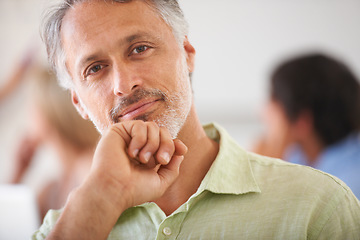 Image showing Smile, handsome and portrait of mature man with positive, good and confident attitude in office. Happy, attractive and closeup face of male person from Mexico with creative career in workplace.