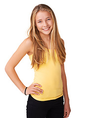 Image showing Smile, fashion or portrait of happy girl teenager in studio isolated on white background with pose. Young, cool child or confident model with pride, modern style or trendy clothes with hand on hip