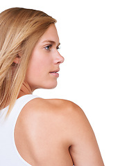 Image showing Thinking, blonde hair or profile of woman in studio or salon for keratin growth, healthy shine or beauty. Mockup space, texture or female model with natural hairstyle or glow on white background