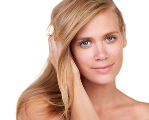 Image showing Hair care, beauty or portrait of model in studio for keratin growth, healthy shine or wellness. Woman, shampoo cosmetics or face of person with natural hairstyle, texture or glow on white background