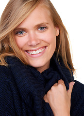 Image showing Fashion, winter and portrait of happy woman in studio with cool, trendy and outfit on white background. Face, smile and lady model with texture satisfaction from cosy, style or casual clothing choice