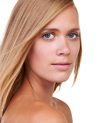 Image showing Hair care, beauty or portrait of woman in studio for keratin growth, healthy shine or wellness. Model, shampoo cosmetics or face of person with natural hairstyle, texture or glow on white background