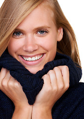 Image showing Happy, portrait and woman with winter fashion in studio with cool, trendy and comfortable outfit. Face, smile and female model with texture satisfaction from cosy, style or casual clothing choice