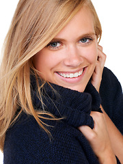 Image showing Scarf, winter fashion or portrait of happy woman in studio for cool, trendy or comfortable outfit. Face, smile or female model with satisfaction in cosy, style or casual clothing on white background