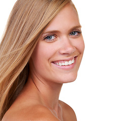 Image showing Hair care, beauty or portrait of happy model in studio for keratin growth, healthy shine or wellness. Woman, shampoo or face of person with natural hairstyle, texture or glow on white background