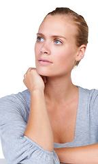 Image showing Thinking, model or woman in studio with decision, option or choice on white background alone. Looking up, problem solving or thoughtful female person isolated with solution, vision or creative ideas