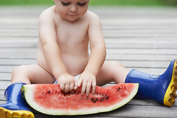 Image showing Baby, playing with watermelon and outdoor, backyard and development with growth, curiosity and home. Toddler, child and infant in garden, alone and childhood for wellness, milestone and coordination